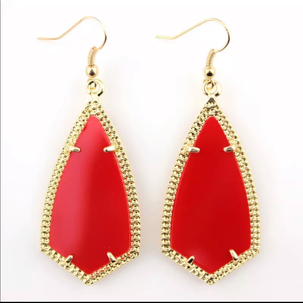 Arrow Shaped Chandelier Earrings vibrant colors RED Goldtone